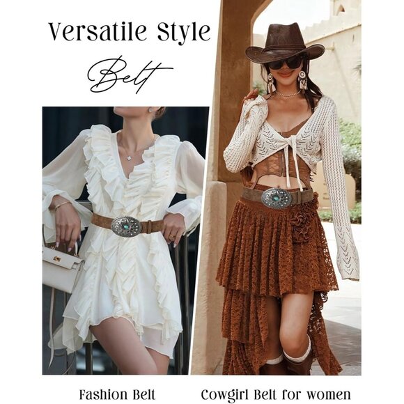 Woman's Black Western Leather Belts Cowgirl Concho Belt With Turquoise Buckle - Picture 6 of 6